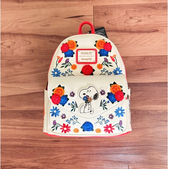 Loungefly Handbags - Loungefly Peanuts Snoopy Floral Mini Backpack Cream Coral‎ NWT